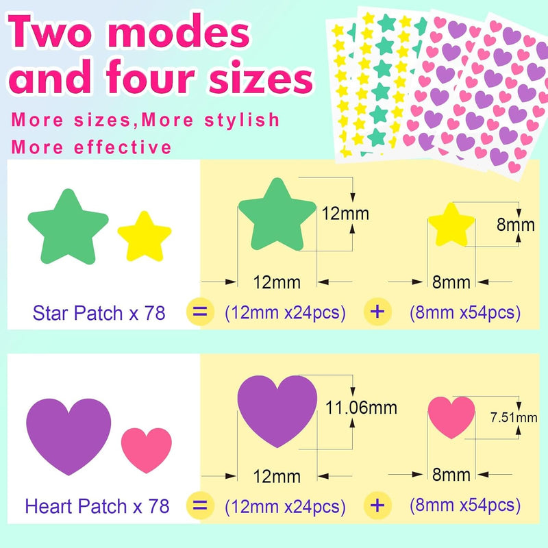 Pimple Patch, Patches Acne Patch, Salicylic Acid Hydrocolloid Spots Plasters, Microneedle Spot Skincare Patches, Mighty Smallpox Treatment Stickers, Zit Remover, Teen 156Pcs (Pink, Green)(Star, Heart)