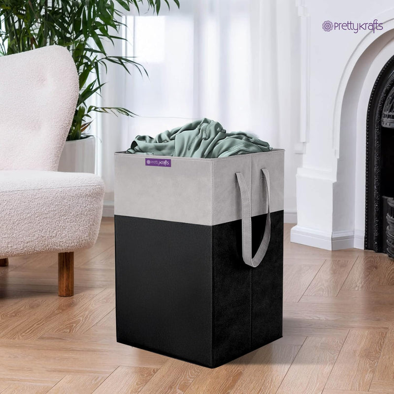 PrettyKrafts Folding Laundry Basket for ClothesToy Storage Box with Lid & Handle, Toys Organiser, 75 Litre, Black
