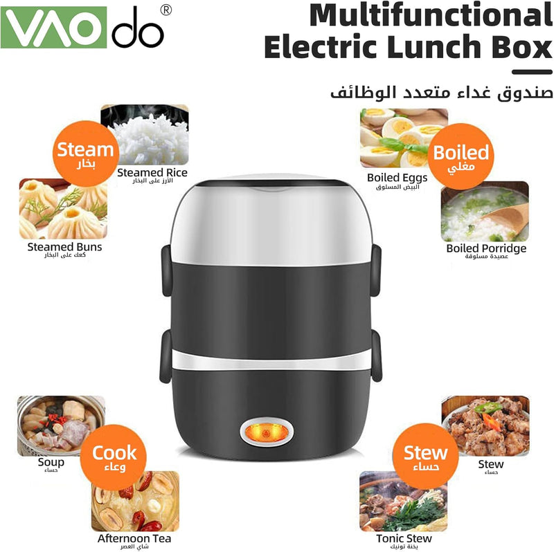 VAODO Electric Lunch Box Food Heater, 3 Layers 2L Portable Electric Heated Insulated Lunch Box, Multifunctional Food Warmer Container, Steam Cooker with Rice Set, with Egg Holder, Black