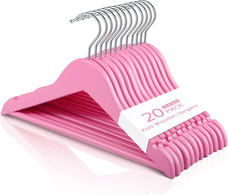 CozyMood Wooden Childrens Hangers Kids Hangers (20 Pack) Wood Baby Hangers Nursery Hangers, 360° Swivel Hook Non Slip Coat Hanger for Coats, Suits, Pants and Jackets (Pink)