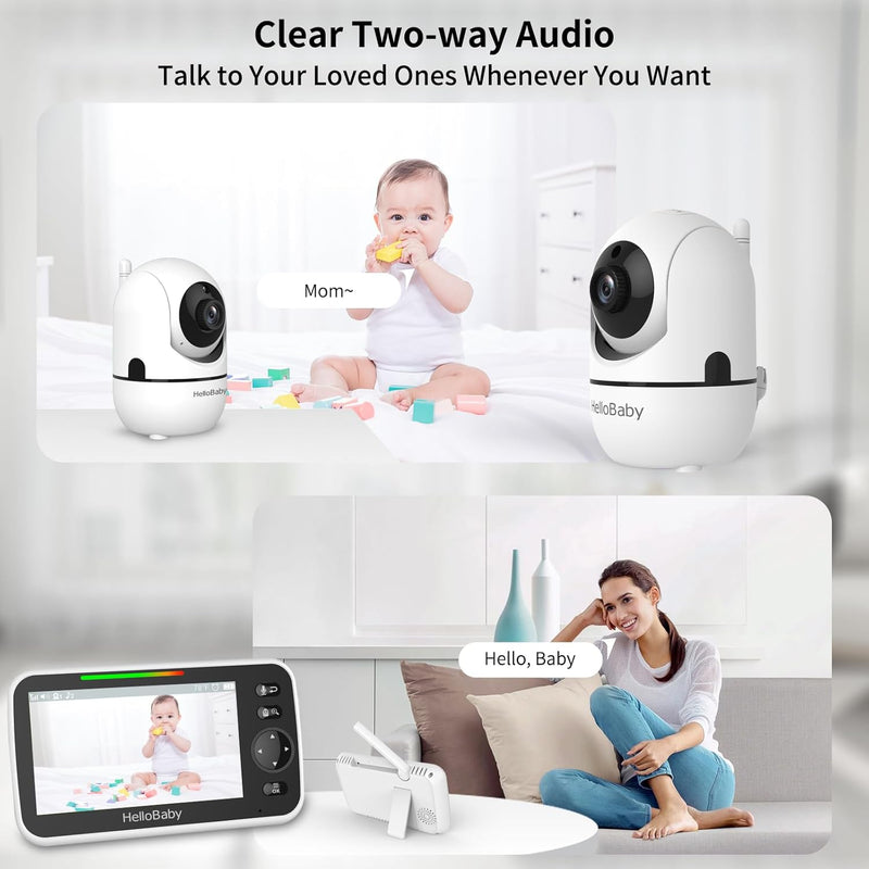 HelloBaby Upgrade Monitor, 5''Sreen with 30-Hour Battery, Pan-Tilt-Zoom Video Baby Monitor with Camera and Audio, Night Vision, VOX, 2-Way Talk, 8 Lullabies and 1000ft Range No WiFi, Ideal Gifts