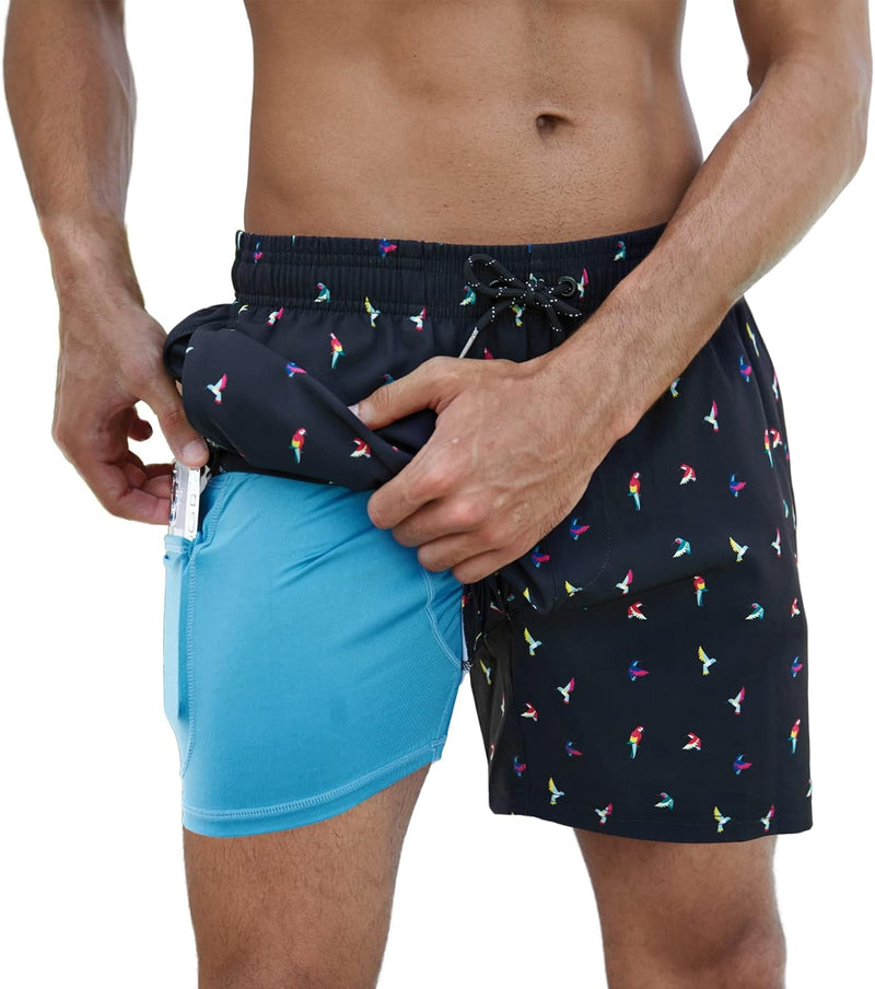 Men's Swimming Trunks with Compression Liner 2 in 1 Casual Swim Shorts Short 5.5 Inch Quick Drying Board Shorts Beach Shorts with Zip Pocket S - XXL - Parrot