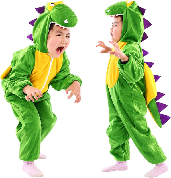 Doodle Kiddo Dinosaur Costume for Kids 3-8 Years, Green Hooded Dino Jumpsuit for Boys & Girls, Animal Costume, Halloween Fancy Dress Outfit, Dinosaur Party, Cosplay & Role Play
