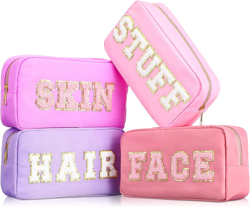 4 Pcs Preppy Makeup Bags Chenille Letter Stuff Bag Nylon Cosmetic Pouch Cases with Zipper for Women Travel Toiletry - Mixed Colors