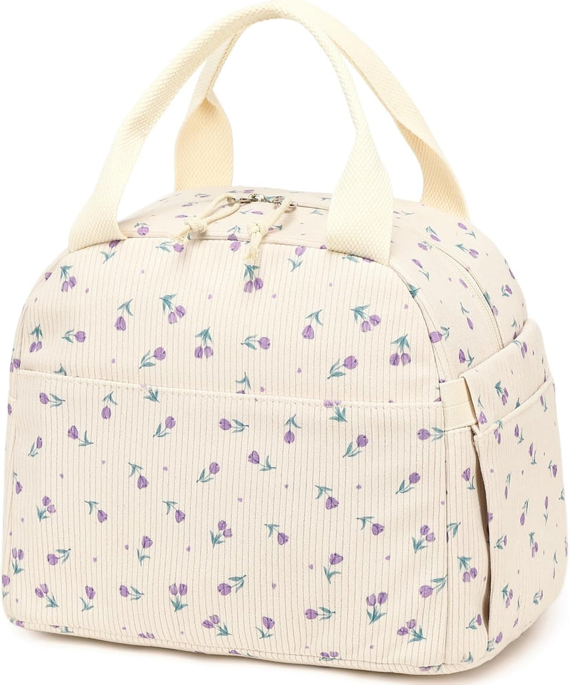 Lunch Bag for Women Men Cute Corduroy Lunch Tote Bags Reusable Insulated Lunch Box Large Capacity Reusable Insulated Cooler for Work Picnic or Travel (Corduroy strawberry) - Corduroy Purple Floral 168