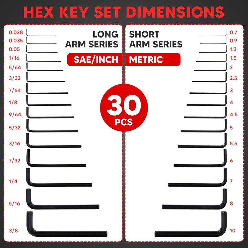 YIYITOOLS - HN-1-001 Hex Key Allen Wrench Set 30-Piece Industrial Grade Set Tools, 1/20-3/8 inches, 1.27-10 mm, Black and Silver - 30 PCs Wrench Set