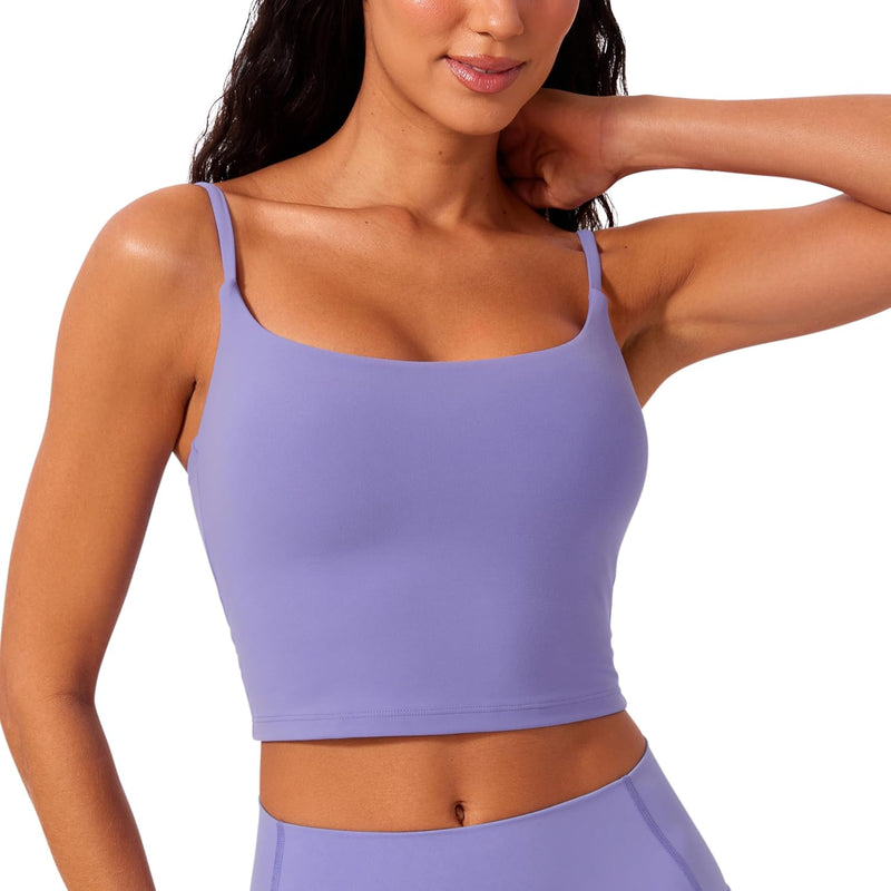 CRZ YOGA Butterlift Womens Scoop Neck Longline Sports Bra - U Back Adjustable Straps Workout Crop Tank Top with Built in Bra