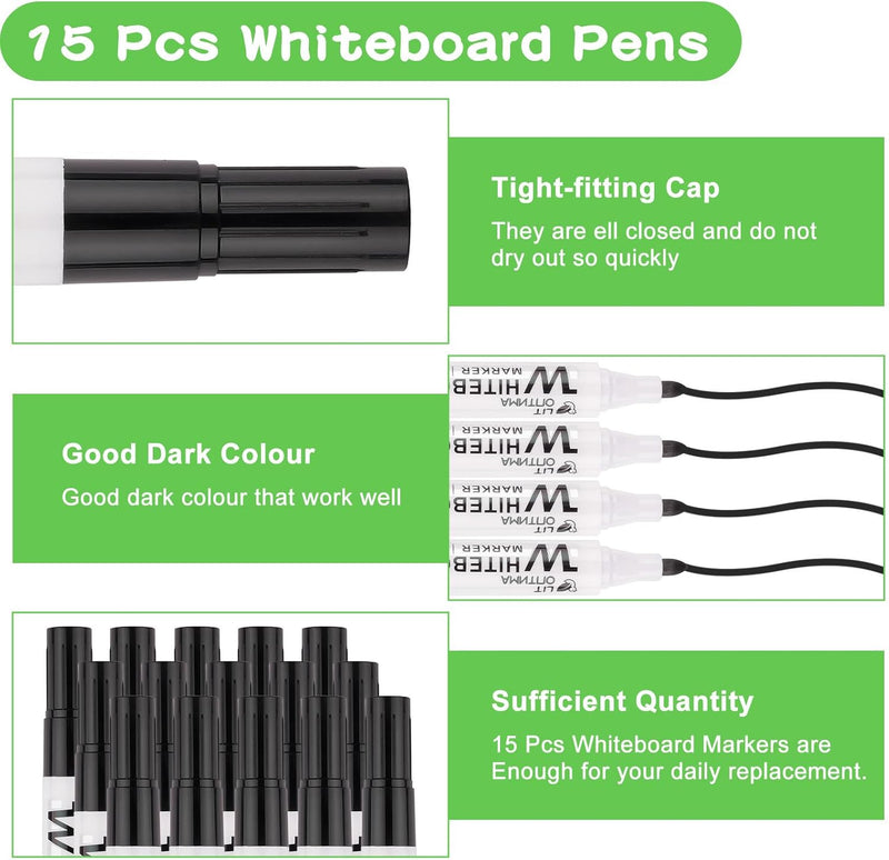 Deepton 15 Pcs Whiteboard Pens, Dry Erase Markers, White Board Markers Erasable with Magnetic Erasers, Dry Wipe Pens for Whiteboard, White Board Pens Colour for Kids Office Schools Home - Black