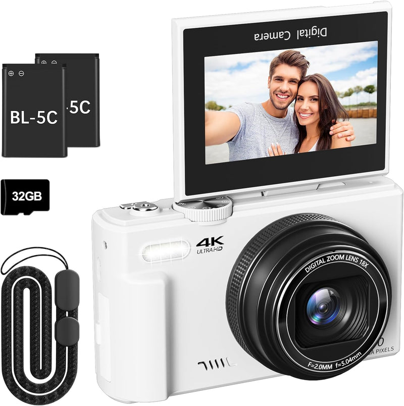 VJIANGER 4K Digital Camera for Photography, 64MP Vlogging Camera for YouTube with 3" 180 Flip Screen, 18X Digital Zoom Point and Shoot Camera with 32GB Micro SD Card for Beginner (Black) - YL15-W08-C-White