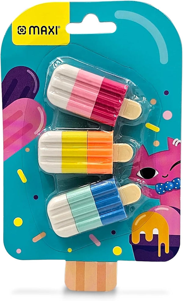 Maxi 3D Eraser Icecreem Stick Pack of 3pc Blister For erasing performance for School, Office and Home