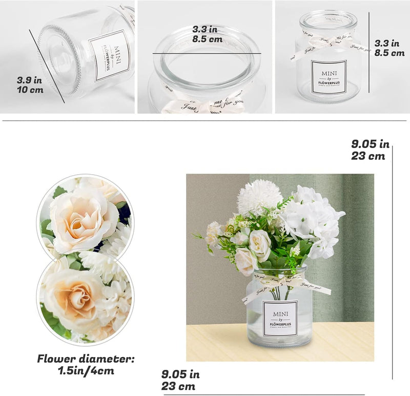 UCHUANG Fake Flowers with Vase, Artificial Roses Bouquet in Vase, Centerpiece Table Decorations for Coffee Table, Living Room, Dining Table, Office, Kitchen, Home Room Decor(White, with Glass Vase)