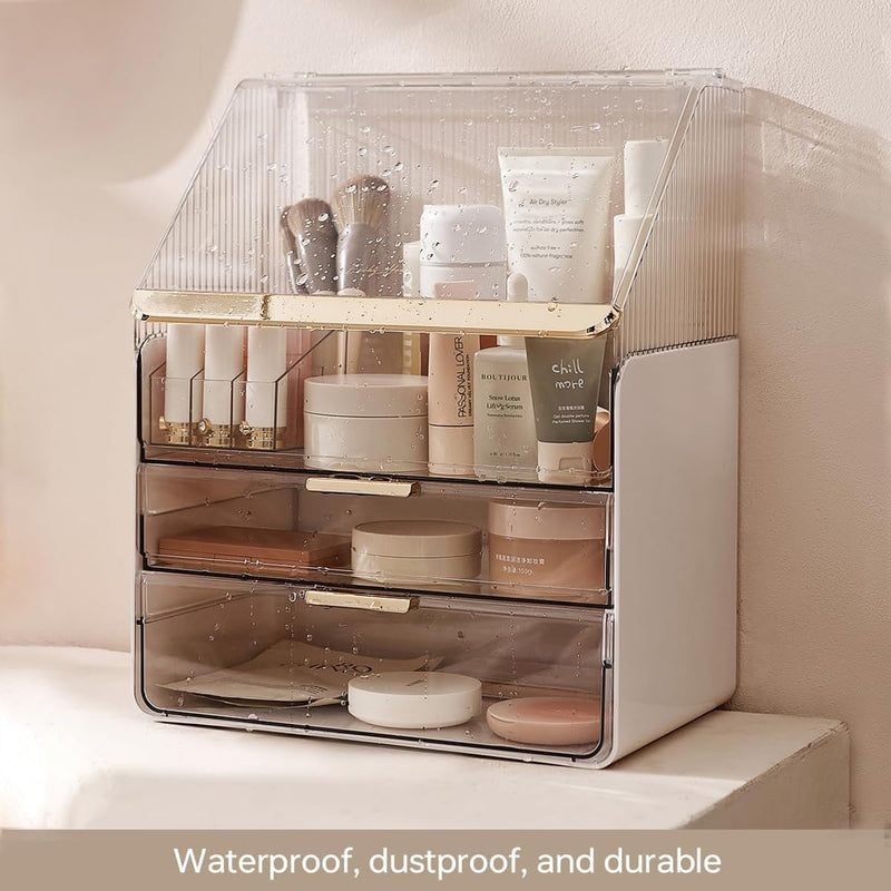 Kousee Makeup Storage Organizer, Large Skincare Organizers Cosmetic Display Case with Lid,Lipstick Organizer and Transparent Cover, Makeup Box for Bedroom Vanity Desk Countertop Bathroom -White