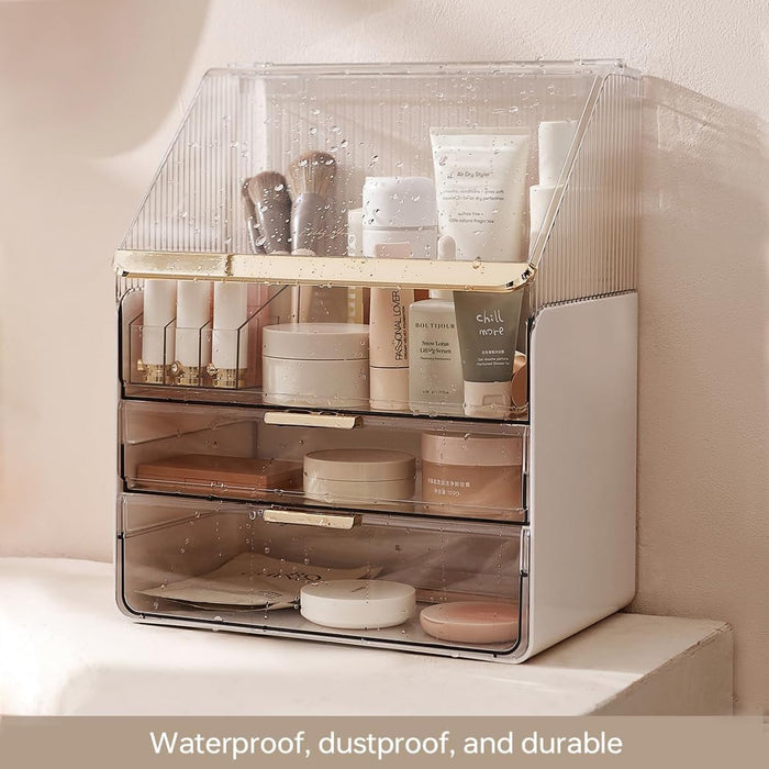 Kousee Makeup Storage Organizer, Large Skincare Organizers Cosmetic Display Case with Lid,Lipstick Organizer and Transparent Cover, Makeup Box for Bedroom Vanity Desk Countertop Bathroom -White