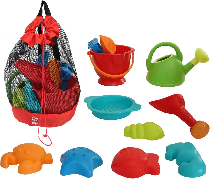 Hape Essential Complete Sand Playset for Kids Child-Safe BPA-Free Beach & Sandbox Toys with Buckets, Molds, Tools & Mesh Bag Outdoor Water & Sand Activity Kit for Toddlers Ages 18M+ - Beach Essential Set