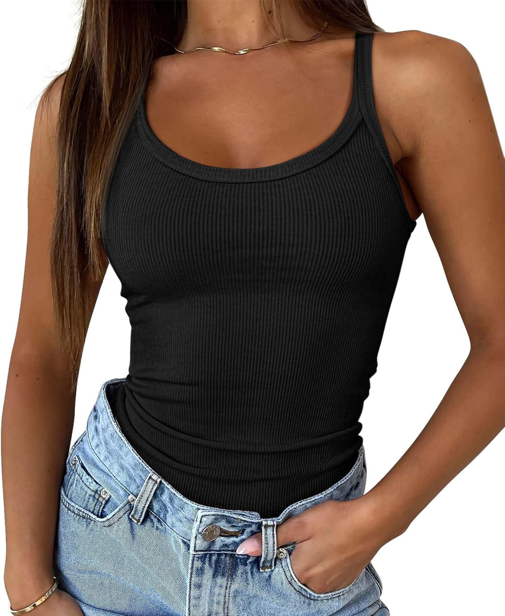 Women Tank Top Sleeveless Scoop Neck Form Fitting Ribbed Knit Basic Cami Shirts