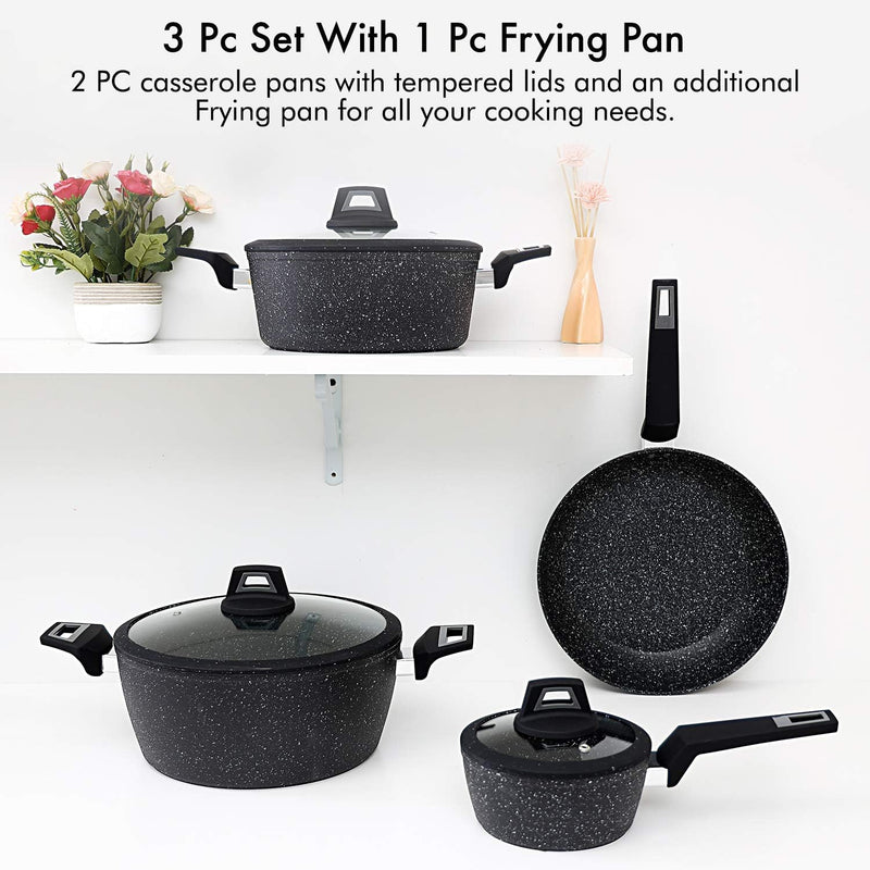 Royalford Chef Art Aluminium Cookware Set, 7 Pieces, Black, RF9557, Scratch Resistant, Tempered Glass Lids, 2.5MM Body Thickness, Bakelite Knobs, and CD Bottom