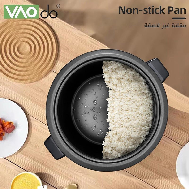 VAODO 1.8L Rice Cooker Steamer, with Removable Nonstick Pot and Water Level Indicator, Mini Rice Cooker with Glass Lid, Auto Keep Warm, for Soups, Stews, Grains & Oatmeal, Cooking Turner
