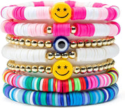 Shining Diva Fashion 7Pcs Combo Latest Stylish Beach Surfer Bracelets Set Colorful Preppy Heishi Bracelet Multilayer Boho Happy Smile Heart Star Stretch Beaded Bracelets Evil Eye Stackable - Multicolor