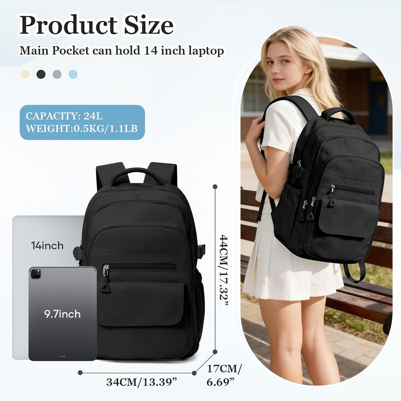 WEPOET Multi Pocket Backpack For School Womens Men, Waterproof Book bag Secondary For Girls Boys, Lightweight Large Capacity Rucksack Casual School Bags - Black