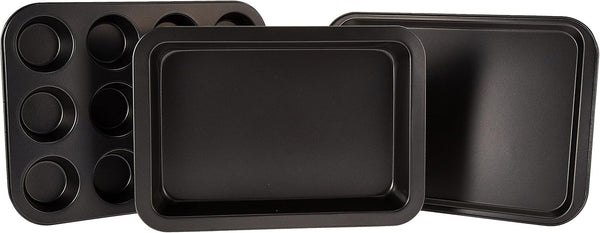 Royalford 3Pcs Non-stick Bakeware Set - Cookie Sheet / Baking Sheet, 12Pcs Muffin Pan Cupcake & Roasting Wide Handle Bread Dessert Bakeware, Sponge Cake Chocolate for