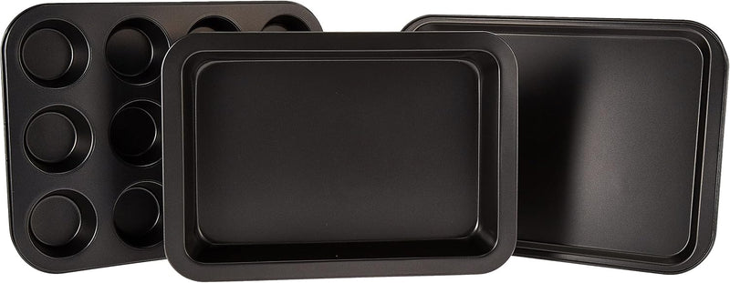 Royalford 3Pcs Non-stick Bakeware Set - Cookie Sheet / Baking Sheet, 12Pcs Muffin Pan Cupcake & Roasting Wide Handle Bread Dessert Bakeware, Sponge Cake Chocolate for