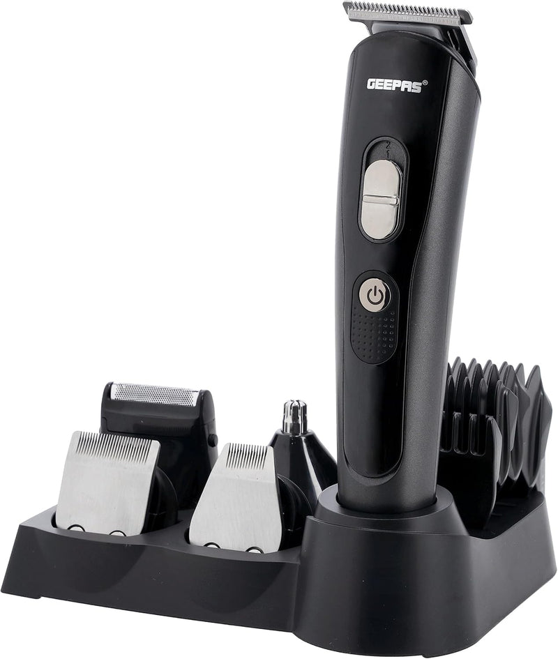 Geepas GTR8612N 11-in-1 Rechargeable Grooming Set 3.7V DC Hair/Bread/Nose/Ear/Body Trimmer 5 Changeable Heads Li-Ion Battery 60mins Working Time LED Display 4 Combs Attachments