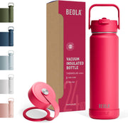 750ml Water Bottle 18/8 Stainless Steel 304 Double Wall Insulated thermo Bottle with Straw Lid and wide mouth, 2 lids included, Hot Cold Liquids Sports Bottle, 24oz (Raspberry) - Raspberry