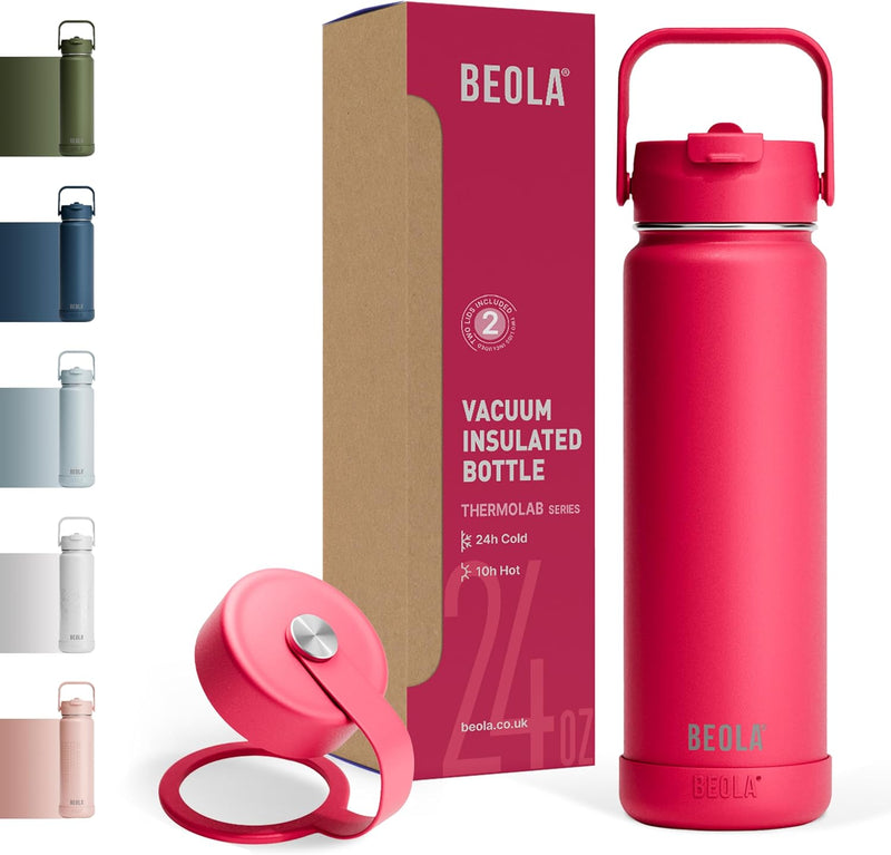 750ml Water Bottle 18/8 Stainless Steel 304 Double Wall Insulated thermo Bottle with Straw Lid and wide mouth, 2 lids included, Hot Cold Liquids Sports Bottle (Lava Gray) - Raspberry