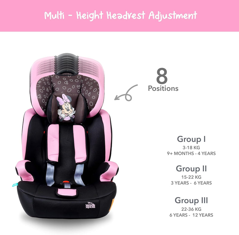 Disney Minnie Mouse Baby/Kids 3-in-1 Car Seat + Booster Seat - Adjustable Backrest - Extra Protection - Suitable from 9 months to 12 years (Group 1/2/3), Upto 36kg (Official Disney Product)