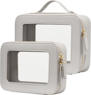 Clear Makeup Bag Travel Cosmetic Case Transparent Toiletry Bag with Zipper, Portable Make Up Organizer Traveling Compact Car Bag for Essentials, Gold, Medium and Large - Beige Grey Dual Elegance