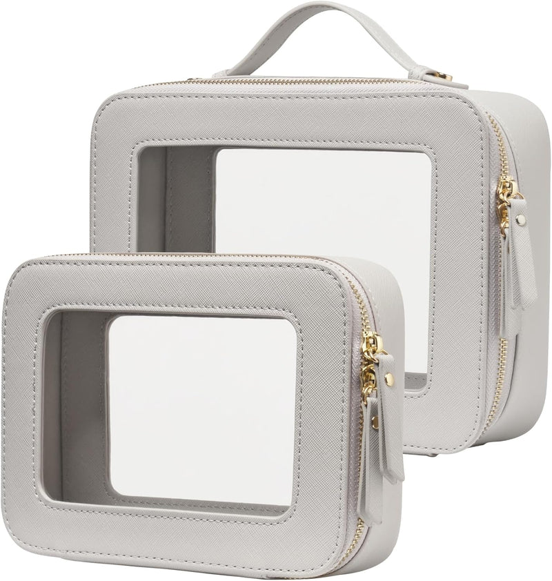 Clear Makeup Bag Travel Cosmetic Case Transparent Toiletry Bag with Zipper, Portable Make Up Organizer Traveling Compact Car Bag for Essentials, Gold, Medium and Large - Beige Grey Dual Elegance