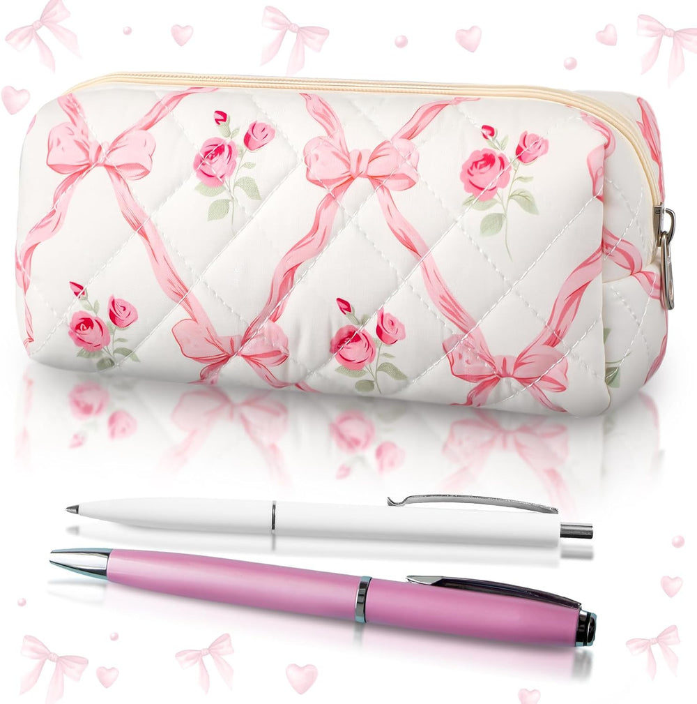 Sherr Coquette Bow Pencil Case Pink Bow Cute Pencil Pouch Soft Cotton Storage Bag Aesthetic Pattern Gift Makeup Pouch Cosmetic Travel Bag for Women