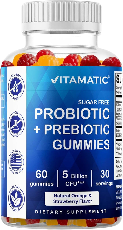 Probiotic + Prebiotic Gummies, 5 Billion CFU Digestive Support, Sugar Free Gut Health Supplement for Adults, Bacillus Coagulans with Inulin Fiber, 60 Gummies