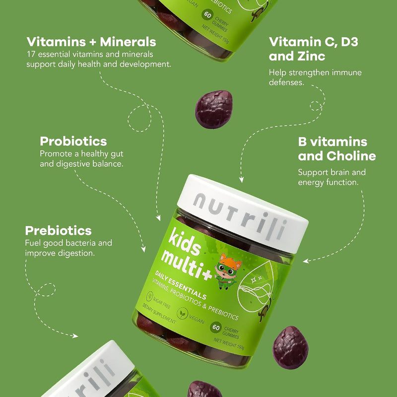 Kids Multivitamin+ Probiotics Sugar Free Gummies (1 Month) 17 Essential Vitamins & Minerals & Prebiotics Immunity, Energy, Digestion & Development