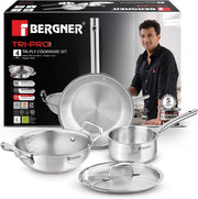 Bergner Tripro 4-Pc Triply Stainless Steel Cookware Set, 24cm (3.1L) Stir Fry Pan with Lid, 22cm Frying Pan, 16cm (1.7L) Saucepan, Less Oil Use Healthy Cooking Set, Even Heating, Induction & Gas Ready - Kadai / Frypan / Teapan 4pc