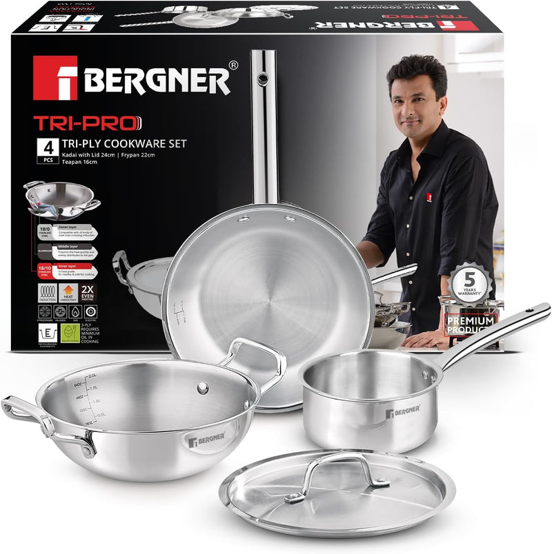 Bergner Tripro 4-Pc Triply Stainless Steel Cookware Set, 24cm (3.1L) Stir Fry Pan with Lid, 22cm Frying Pan, 16cm (1.7L) Saucepan, Less Oil Use Healthy Cooking Set, Even Heating, Induction & Gas Ready - Kadai / Frypan / Teapan 4pc