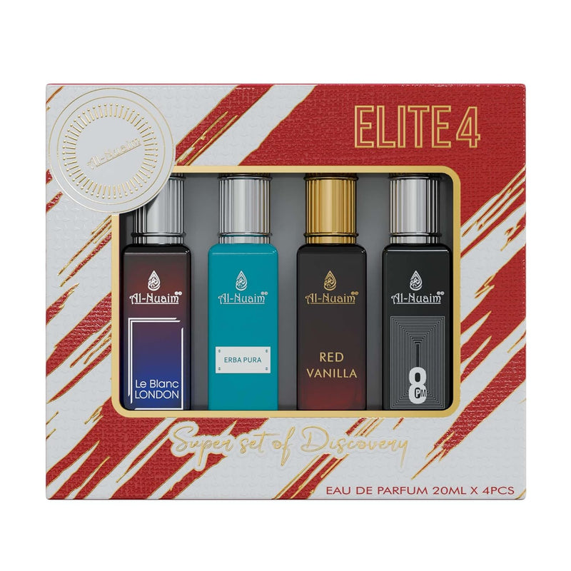 Al Nuaim Elite 4 EDP Gift Set For Men & Women (4 X 20ml) | Le Blanc London | Erba Pura | Red Vanilla | 8PM | Long Lasting Fragrance (Pack of 4)