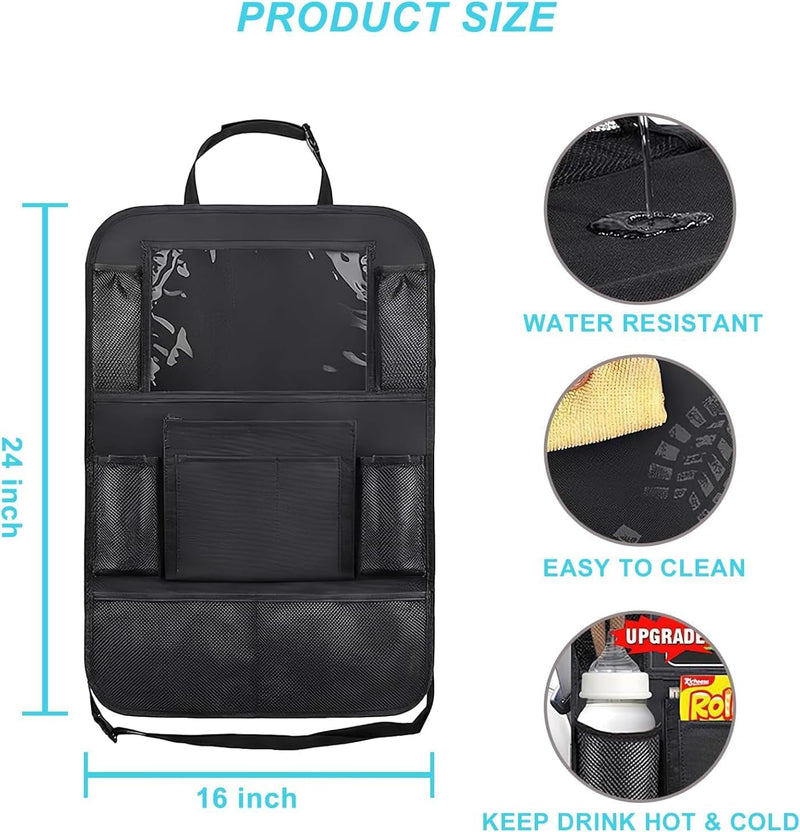 Car Back Seat Organiser with Tablet Holder, Multi-Pocket Seat Back Protectors Kick Mats for Kids Toddlers, Travel Accessories, Divider for Driving Safely Children & Pets Car Organizer Black