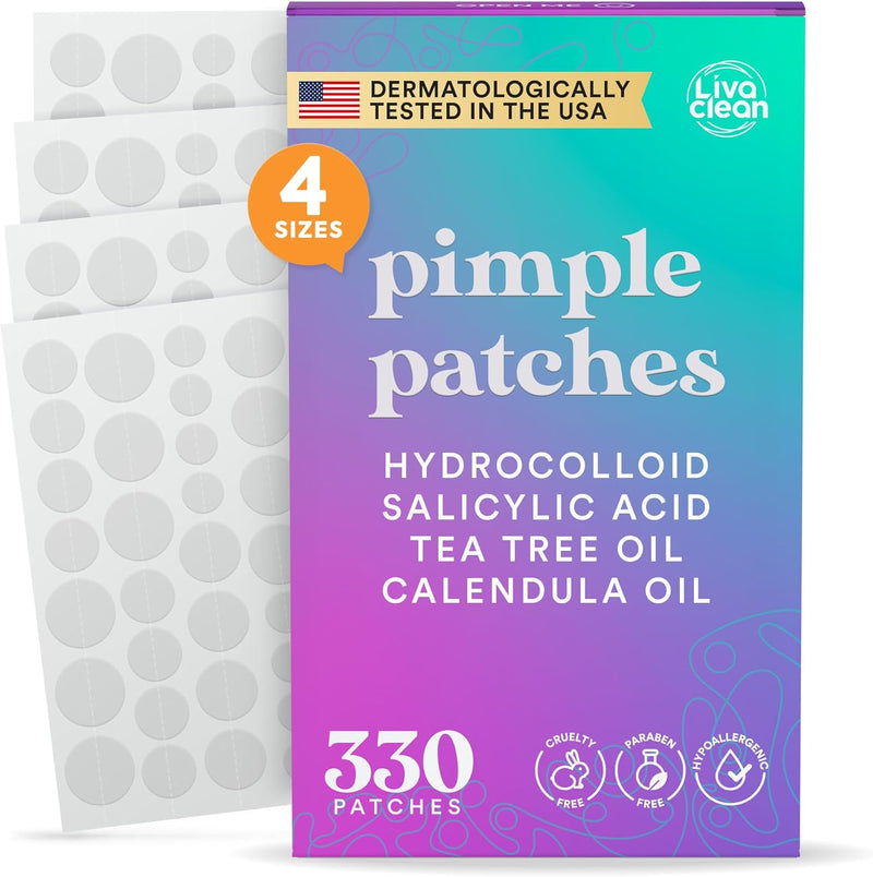 LivaClean 330 CT Pimple Patches for Face w/Salicylic Acid, Tea Tree Oil & Calendula Oil - Four Sizes - Pimple Patch, Hydrocolloid Patch, Acne Patches for Face