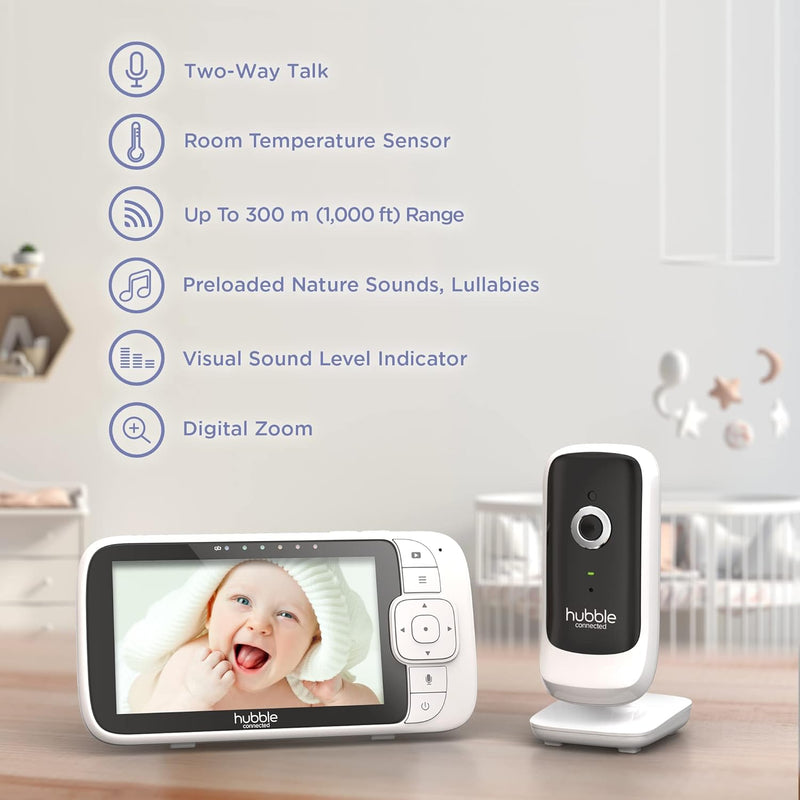 Hubble Nursery View Premium Twin Baby Monitor 5" Split-Screen Display, 2 Cameras, 2-Way Talk, Infrared Night Vision, Digital Zoom, Temp Sensor, 300m Range, Lullabies, Works with HubbleClub App