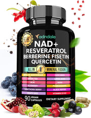 NAD Supplement 300mg & Resveratrol 1000mg Organic. Proprietary Longevity Formula with Liposomal NAD+, Trans Resveratrol, Quercetin, Betaine Anhydrous, Grape Seed, Fisetin. 90 Capsules, 9555mg/Serv.