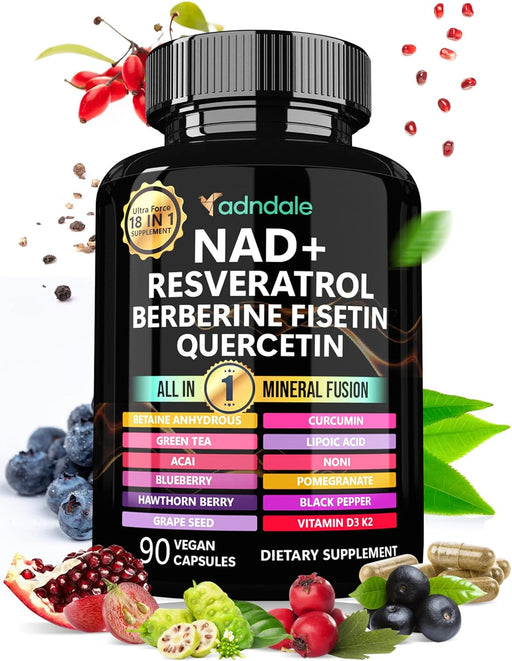 NAD Supplement 300mg & Resveratrol 1000mg Organic. Proprietary Longevity Formula with Liposomal NAD+, Trans Resveratrol, Quercetin, Betaine Anhydrous, Grape Seed, Fisetin. 90 Capsules, 9555mg/Serv.