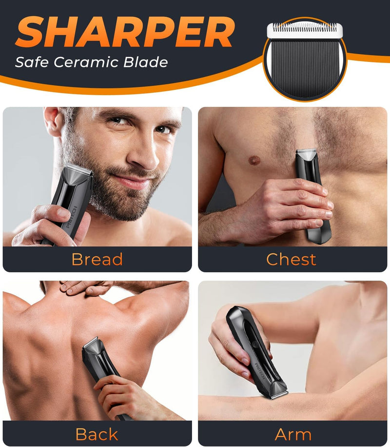 PRITECH Body Hair Trimmer for Men Pubic Hair Trimmer - Wet/Dry Ball Trimmer with Ceramic Blade, Rechargeable Body Groomer for Men with Standing Recharge Dock