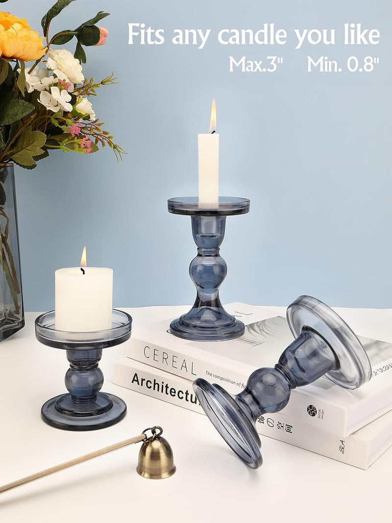 Lewondr Glass Candle Holders, 3 Pieces Crystal Clear Candlesticks with Elegant Design for Pillar Taper Candle and Tea Light, Home Table Living Room Wedding Party Decorations Home Décor - Clear