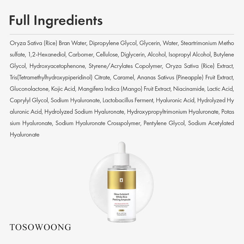 White Rice Peeling Ampoule, 75% Rice Extract, Gentle Peeling Care for Face & Body, With Kojic Acid & Niacinamide, Korean Skincare, 85ml / 2.87 fl. oz