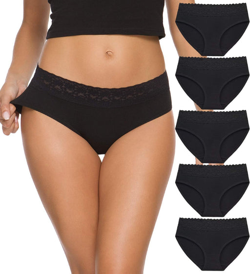 Womens Underwear Cotton Panties for Women Underpants Briefs Hipster Lace Bikini 5 Pack - Black