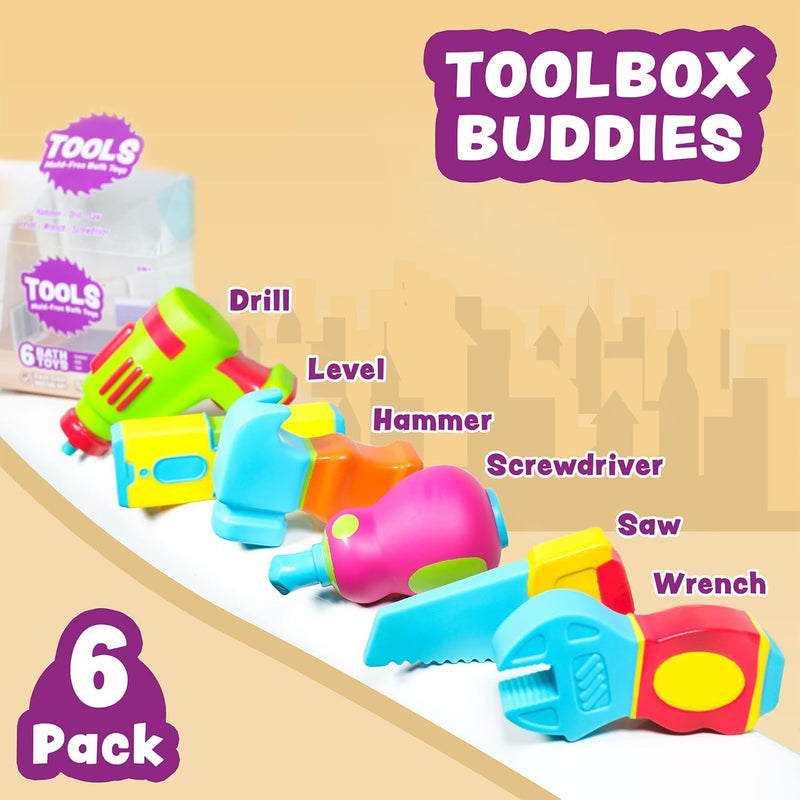 Tub Works® Tools™ Mold Free Bath Toys, 6 Pack | Sealed, No Hole Bath Toys Design Keeps Moisture Out | Soft, Squeezable & Float on Water | Easy-Grip Baby & Toddler Bath Toys | Fun Tools Kids Bath Toys