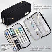 Large Capacity Pencil Case with 3 Compartments, Multi-Use Pencil Pouch for School, College, Office Organizer for Pens, Markers, Art Supplies (Black)
