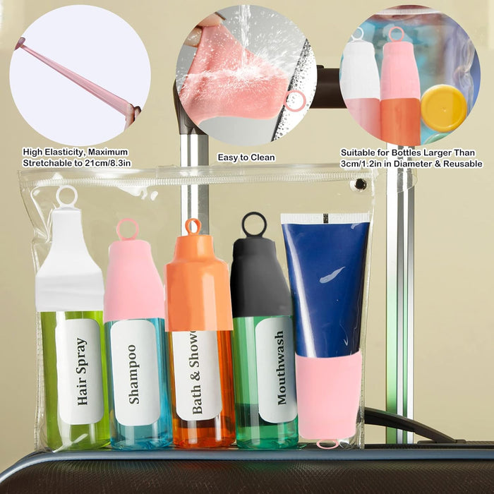 SYOSI 8 Pack Elastic Sleeves for Leak Proofing Travel, Leak Locks Toiletry Skins Travel Bottles Leak Proof Silicone Sleeve Covers for Travel Container in Luggage Reusable Toiletries Accessory
