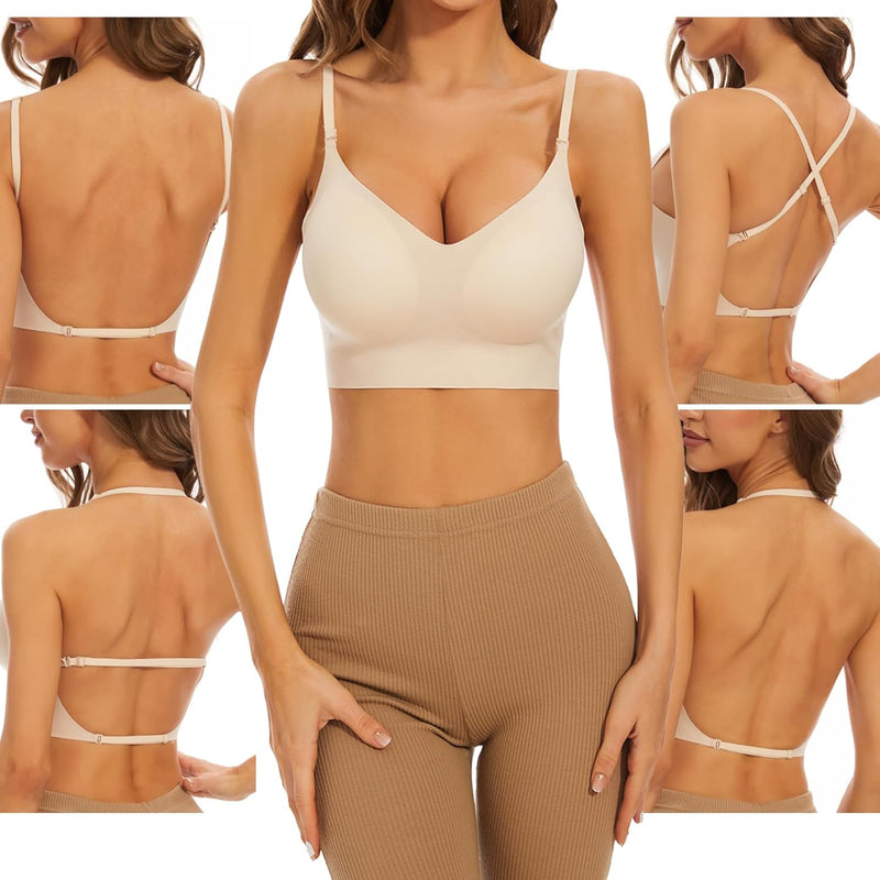 Low Back Bra for Women Wirefree Seamless Bra Backless Multiway Straps Convertible Halter Bra with Padded Removeable - beige